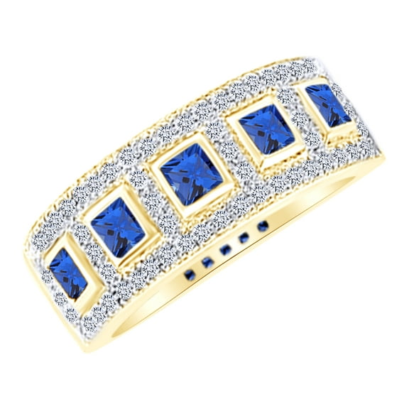 AFFY Simulated Blue Sapphire & White Natural Diamond Anniversary Band Ring in 14k Yellow Gold (0.33 Cttw)