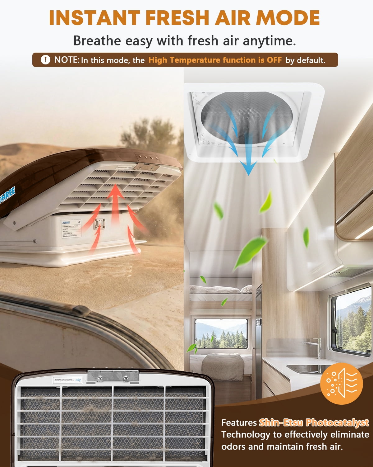 Kohree 14x14 RV Vent Fan, 10-Speed Reversible Powerful Roof Exhaust Fan with Remote, Thermostat, Quiet Operation & Built-in Rain Shield for Camper Trailer