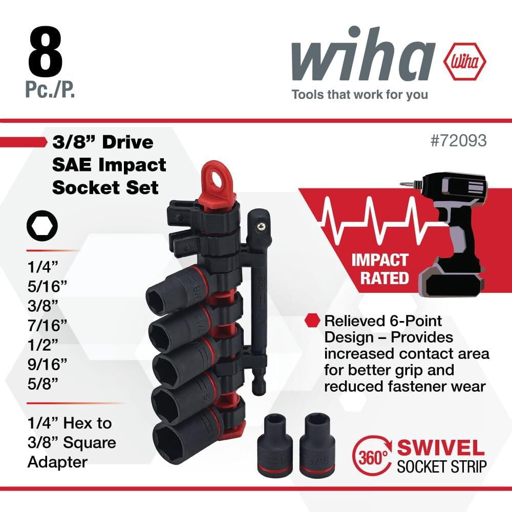 Wiha 3/8 Inch Drive Sae Impact Socket Set, 8 Pieces