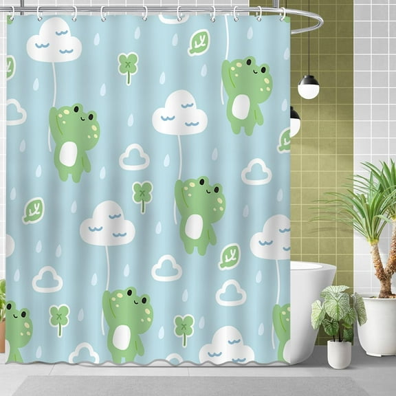 Frog Shower Curtain for Kids Childern Blue Funny Cartoon Shower Curtain Set Waterproof Fabric Bathroom Curtain with 12 Hooks 72x72 Inches(Cute Frog)