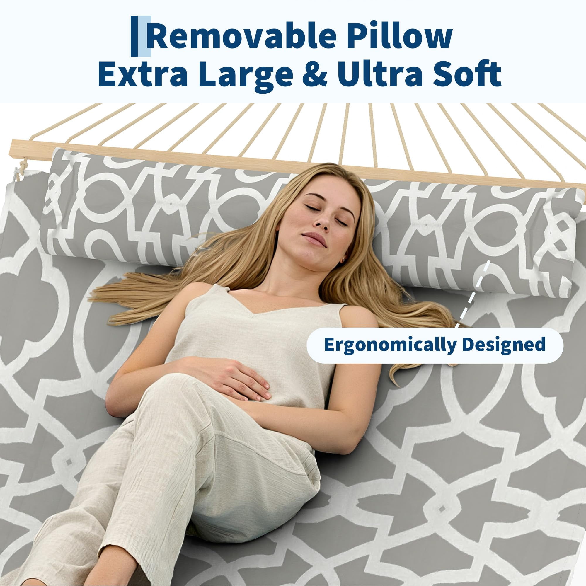 Large Quilted Fabric Hammock for 2 Person, Heavy Duty Hammock with Hardwood Spreader Bars, Detachable Pillow, Support up to 450 LBS, Weather-Resistant, for Patio, Backyard, Pool, Light Gray