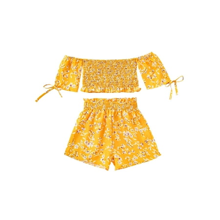 

CAITZR Kid Girl Floral Off Shoulder Short Sleeve Pleated Top Elastic Waist Shorts Set 2-7 Years