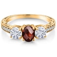 thumbnail image 3 of Gem Stone King 18K Yellow Gold Plated Silver 3-Stone Ring Checkerboard Garnet Moissanite (2.12 Cttw), 3 of 6