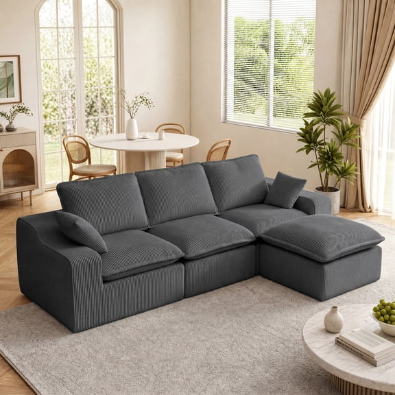 107" Modular L-Shaped Cloud Boneless Sectional Sofa, Corduroy 6-in-1 Couch with Ottoman, Seat & Back Cushions & Pillows, Gray for Living Room