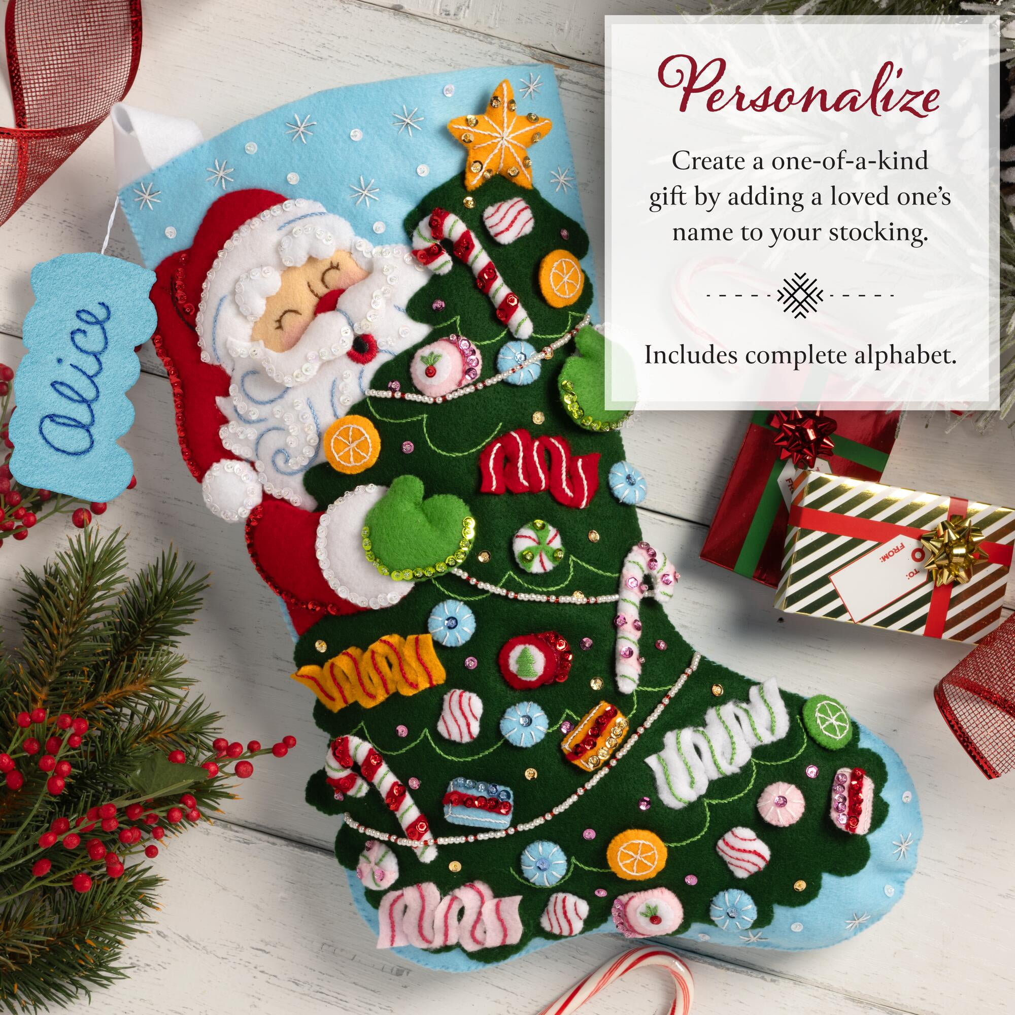 Bucilla Felt Stocking Kit, Santa's Candy Cane Christmas, 18 in, Multicolor, Felt