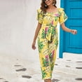 thumbnail image 5 of Usmixi Jumpsuits for Women Dressy Beach Vacation Elastic Waist off Shoulder Jumpsuits Overalls with Tie Summer Square Neck Short Sleeve Leaves Print Long Formal Rompers Yellow m, 5 of 6