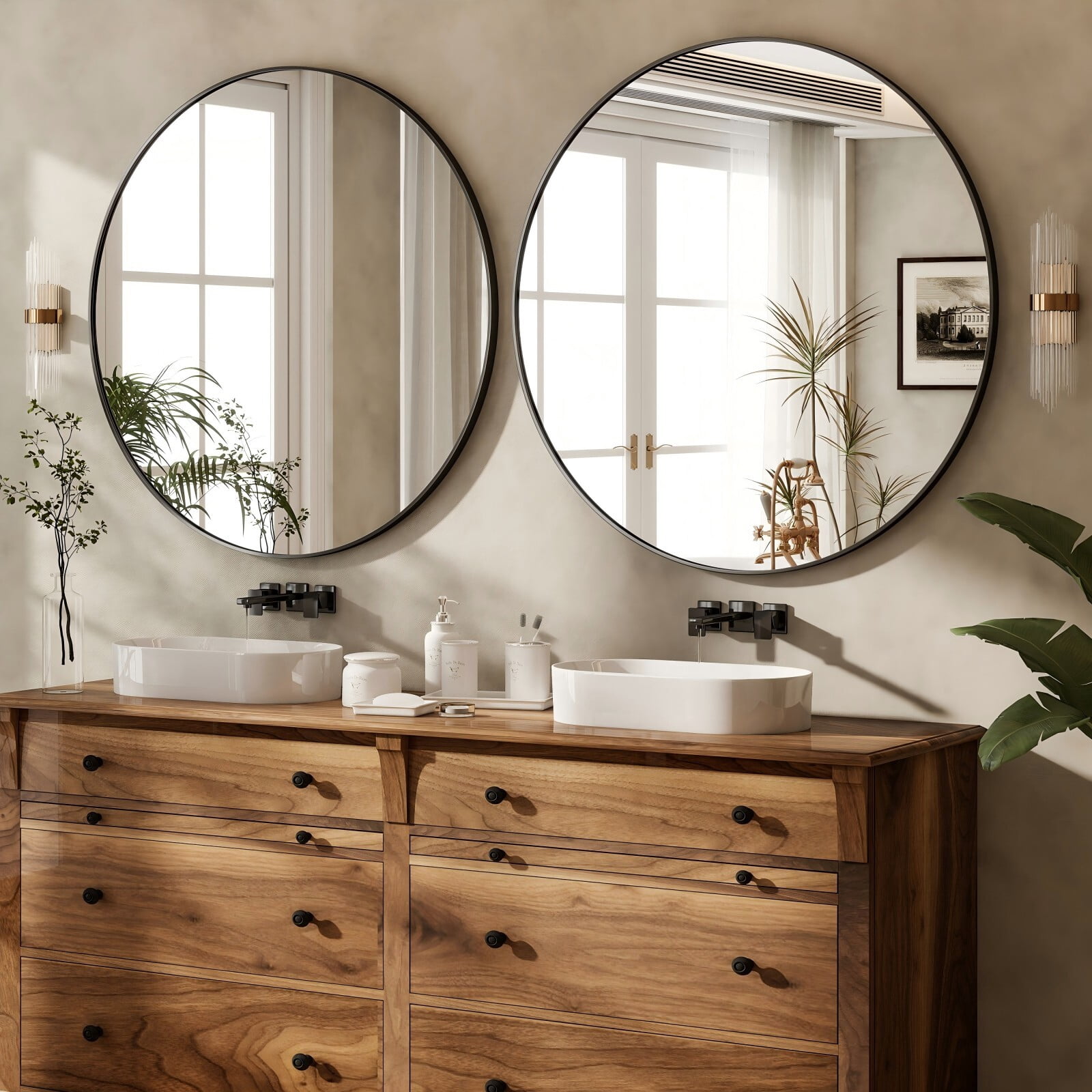 Easy4Home 36 Inch Round Wall Mirror Aluminum Alloy Framed Circle Bathroom Mirror Wall Mounted, Black