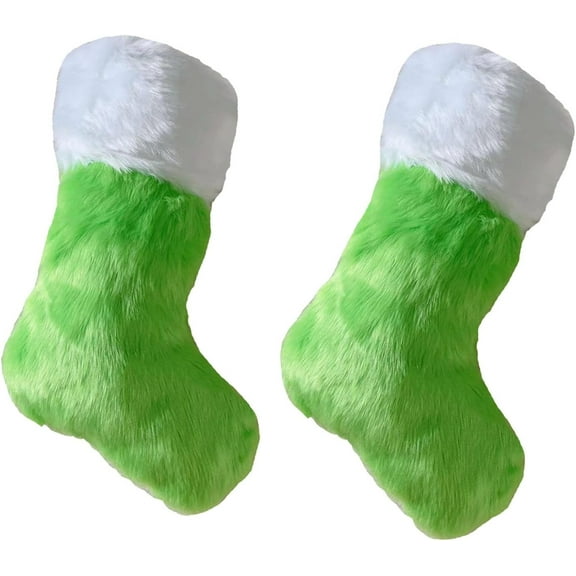 Funny Christmas Stockings,2 Pack Green White Faux Furs Christmas Stockings,Large Stockings Candy Gift Socks Christmas Ornament Decorations,Christmas Hanging Stocking for Fireplace Xmas Tree