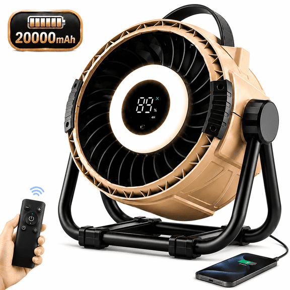 PUCACHI Camping Fan, 10 Inch Portable Rechargeable Fan with LED Light, 20000mAh Battery Operated with 6 Speeds, Remote Control and Power Bank for Tent RV Travel Outdoor