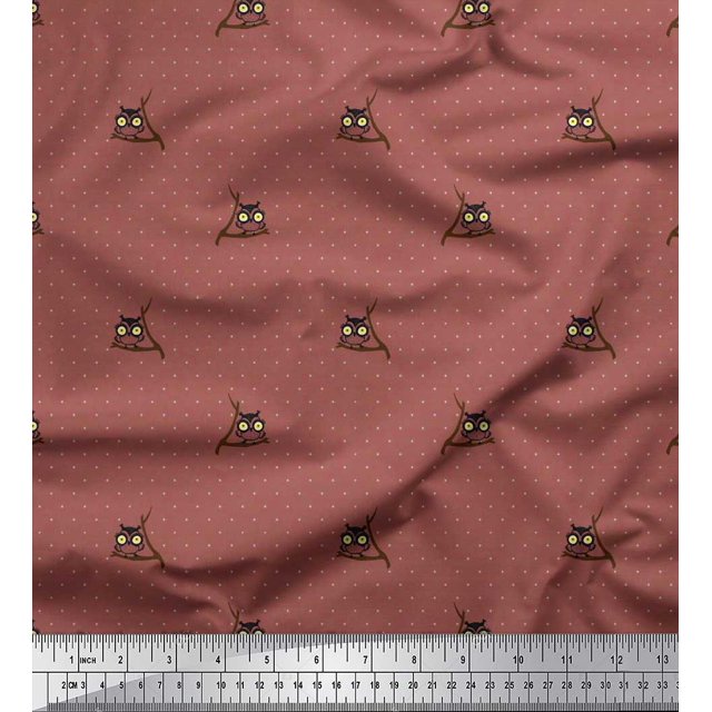 Soimoi Polyester Crepe Fabric Dot & Owl Bird Print Fabric by The Yard 52 Inch Wide