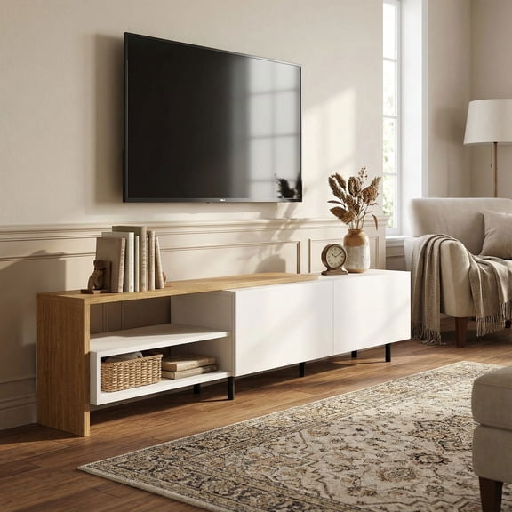 Resenkos Modern TV Stand for 80 Inch TV, Storage Shelf Cabinet Entertainment Center for Living Room, White