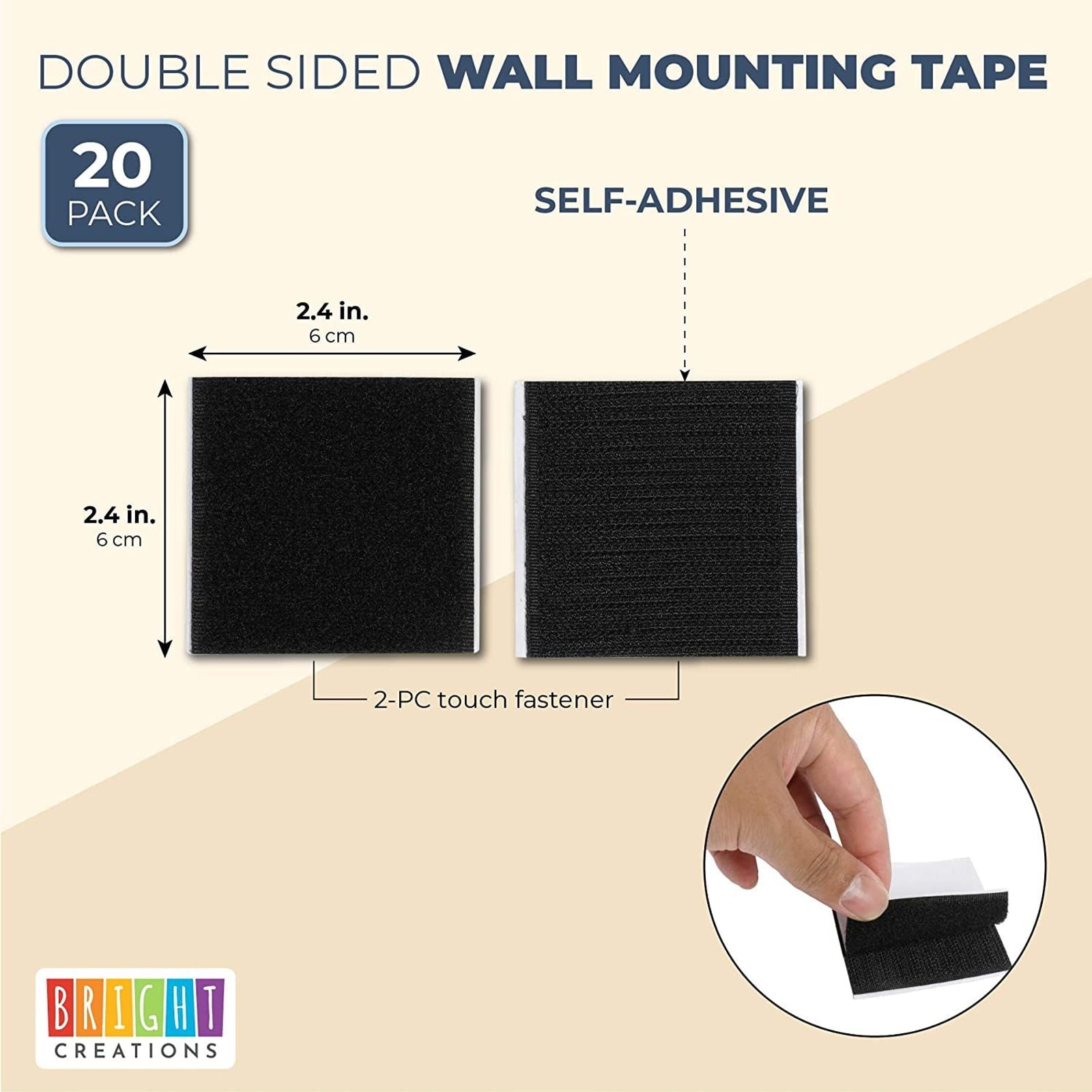 Double Sized Fabric Fastener Mounting Tape Picture Frame Hanging Strips for Indoor or Outdoor Use 2.4x2.4Inch Self Adhesive Mounting Squares BRAVESHINE Sticky Back Hook Loop Tape 12 Pack White 