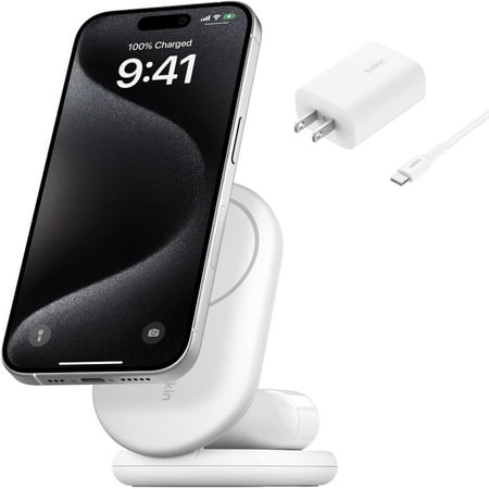 Belkin MagSafe-Compatible iPhone Charger, 2-in-1 Magnetic Foldable Charger 15W - Qi2-Certified Wireless Charger for Apple iPhone 16, iPhone 15 w/Non-Slip Base, PSU Included - White