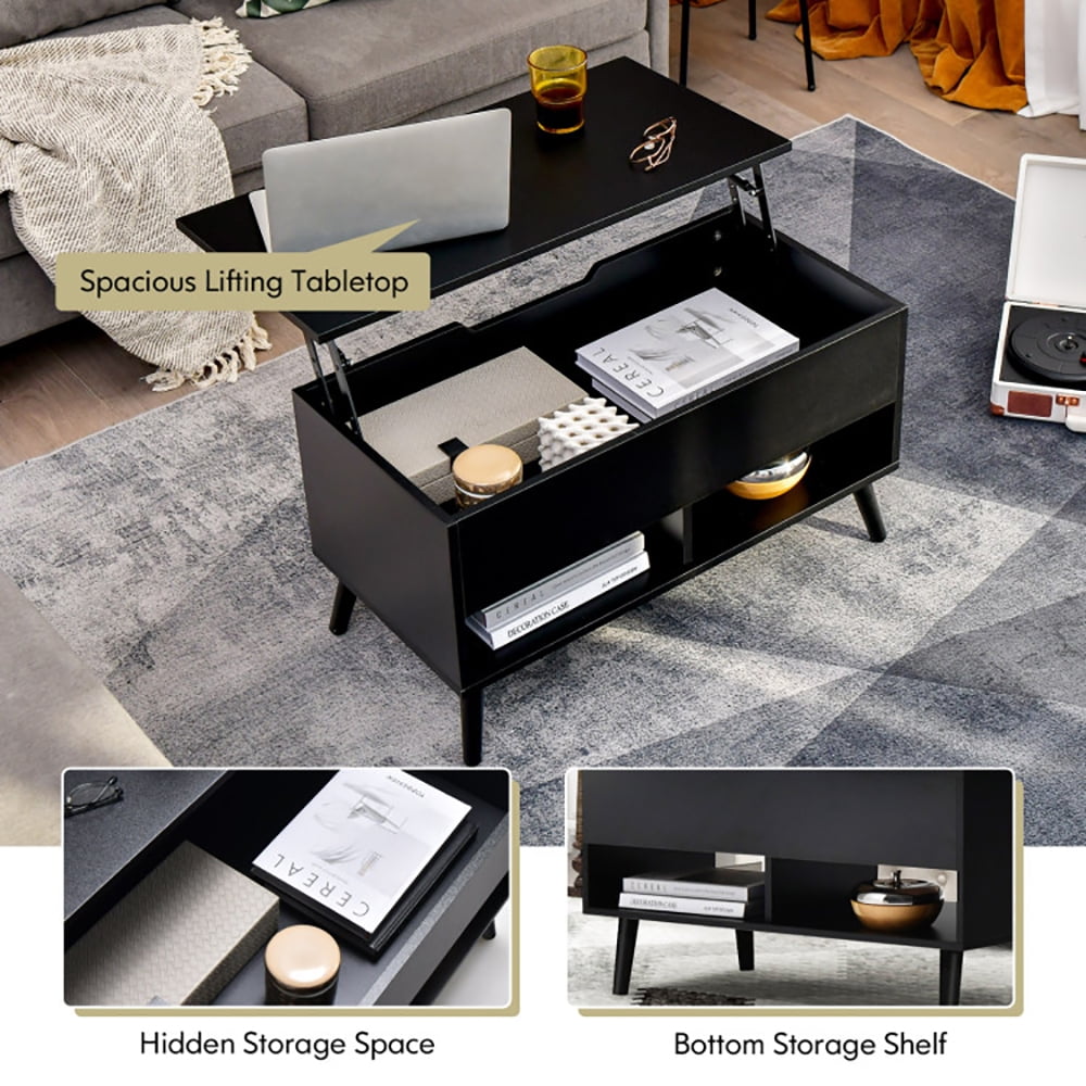 Finihen Rectangular Coffee Table, 31.5 Inch Lift Top Coffee Table with Hidden Compartment and 2 Storage Shelves, for Living Room, Reception Room, Office, Black Finihen Rectangular Coffee Table, 31.5 Inch Lift Top Coffee Table with Hidden Compartment and 2 Storage Shelves, for Living Room, Reception Room, Office, Black