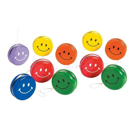 Metal Smile Face Yo-Yos - Pack Of 10 Assorted Colors Happy Face Yoyos - For Kids Great Party Favors, Bag Stuffers, Fun, Toy, Gift, Prize, Piñata Fillers - By