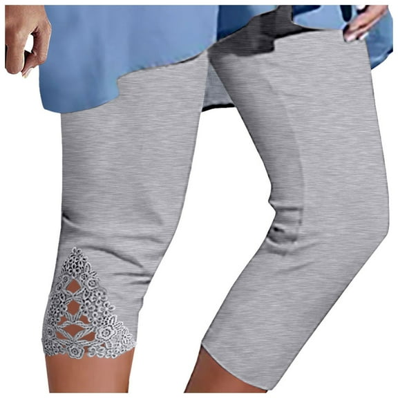 GEWSEY Capri Leggings for Women Summer Rhinestone Dressy Cropped High Waist Yoga Pants Compression Leggings Workout Pants Grey, M