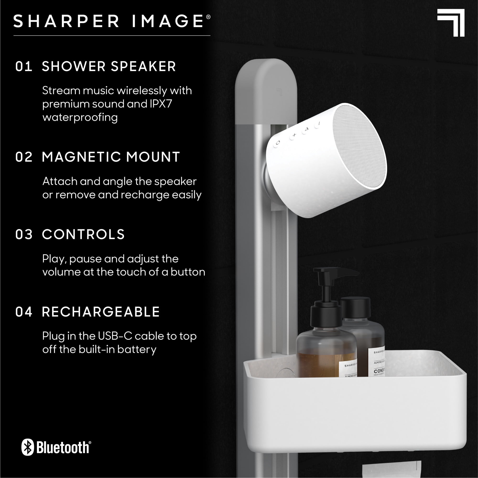 Sharper Image® SpaStudio™ Waterproof Bluetooth Speaker, with Magnetic Mount and Rechargeable Battery