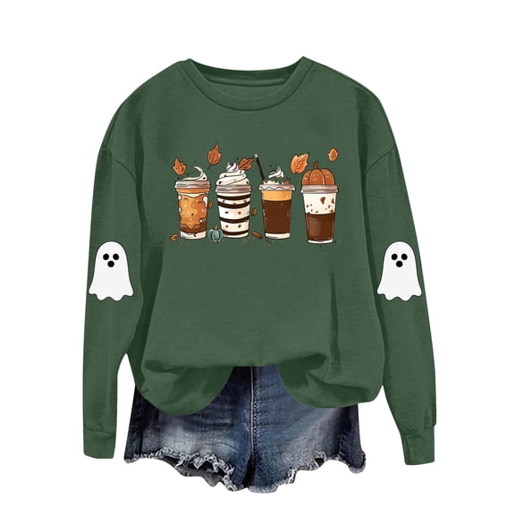 YUGYXL Plus Size Tops for Women T Shirts Casual Long Sleeve Pumpkin Milk Tea Coffee Graphic Print Halloween Tees Army Green XXL