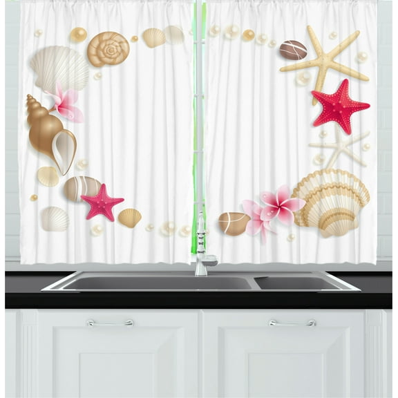 Ambesonne Exotic Kitchen Curtains, Seashells Flower Star, 55"x45", Beige Fuchsia