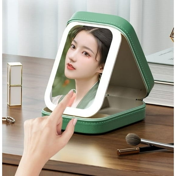 TopLLC Organization and Storage Multi Functional LED Makeup Mirror With Light Three Color Adjustable Folding Integrated Jewelry Box Cosmetics Storage Box Green Makeup mirror