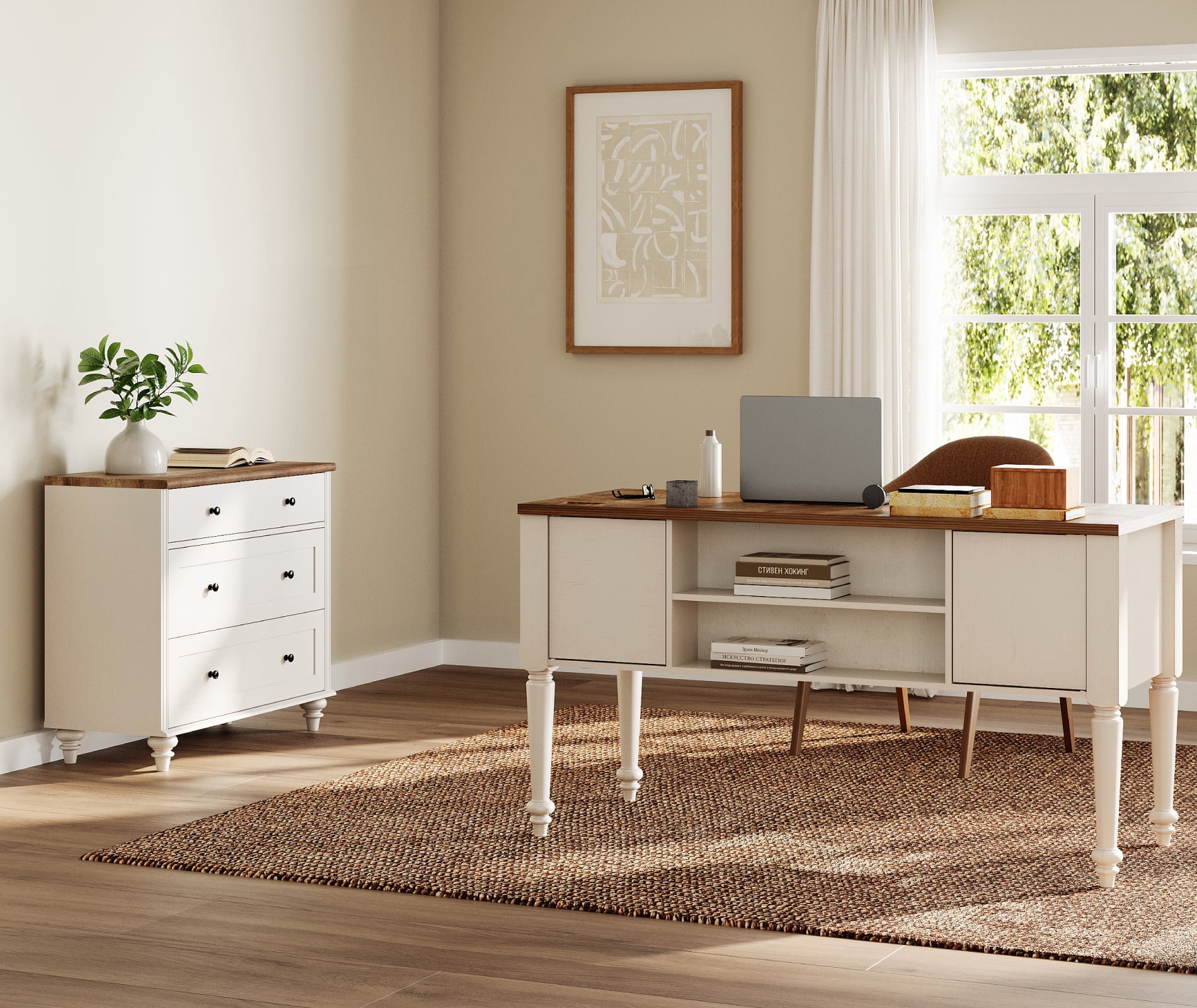White Home Office Furniture Set, 56" Executive Desk with Charging Station, Farmhouse Cabinet with 3 Wooden Drawers, Wood Computer Desk with File Cabinet Storage, Open Shelf