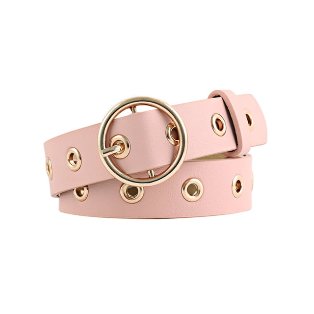 Cinturón de cuero para mujeres INSPIRE CHIC para jeans y pantalones de vestir con remaches y hebilla de metal circular, hasta 35 pulgadas, rosa