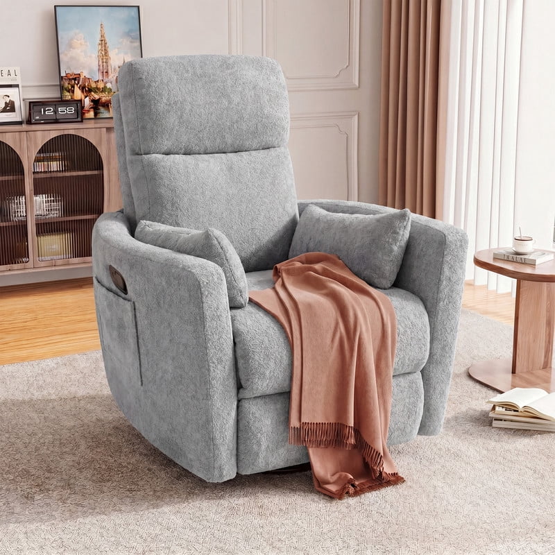 Furmax 360° Swivel Recliner Power Massage Rocker Chair Adult Glider Rocker with 2 Comfy Pillows for Nursery,Loop Yarn Gray