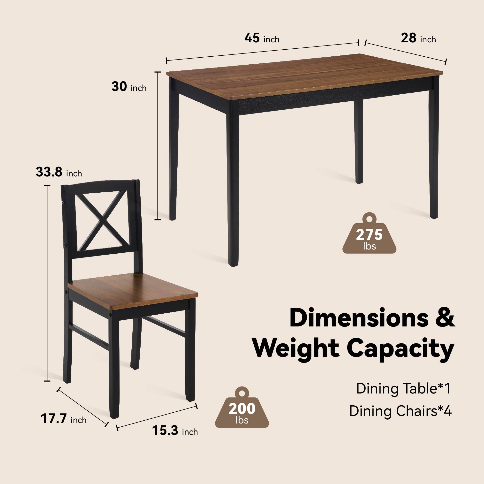 MAYEERTY Eco-Friendly Solid Wood Dining Set – Sustainable Dining Table with Black Metal Accents for Home & Restaurant,Dark Brown