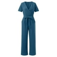 thumbnail image 4 of Jacenvly Summer Clearance 2024 New Women's Solid Pocket Romper Short Sleeve V-Neck Belt Loose Overalls Cotton and Linen Jumpsuit Breathable Two Piece Outfits Women Plus Size Blue, 4 of 7