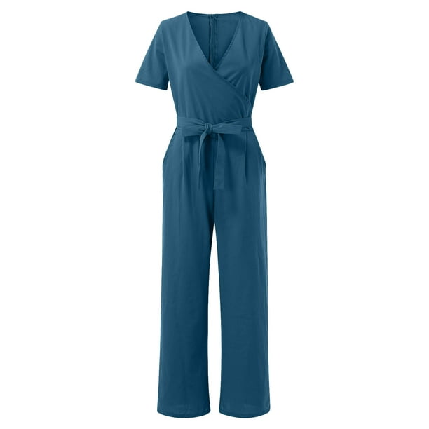 zanvin Jumpsuits For Women,Fashion Bib Pants Cotton Linen Overalls Baggy  Rompers Jumpsuits with Pockets For work Vacation Daily ,Blue 