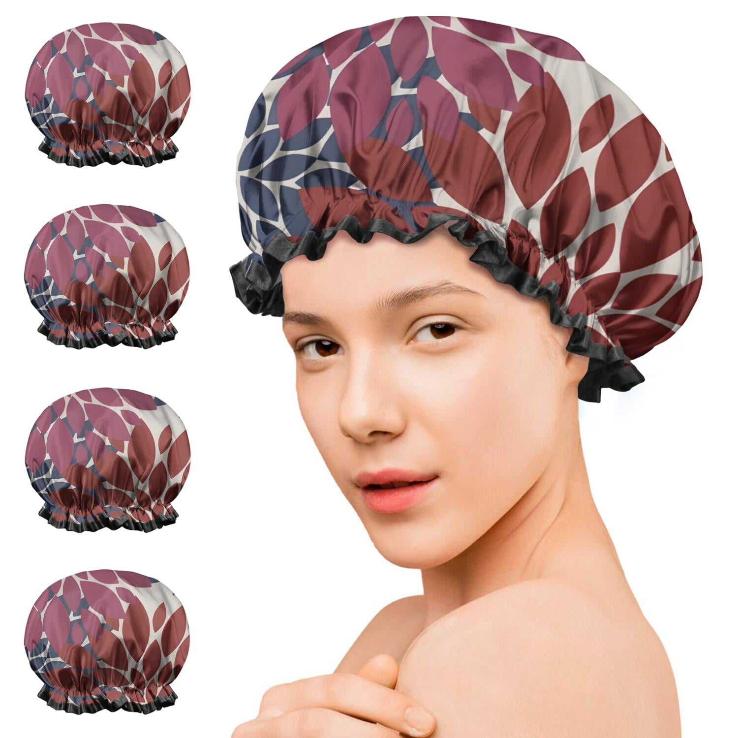 Shower Caps,Red and Blue Floral Pattern Waterproof Shower Cap for Women 4 Pieces,Double Reusable Hair Cover for Shower PEVA Elastic Stretch Hem