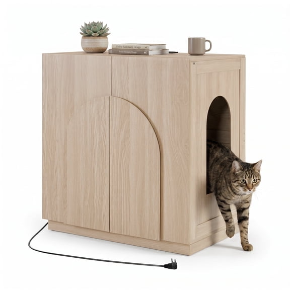 Unipaws Extra Large Cat Litter Box Enclosure, Tall Wooden Cabinet with Charging Station for Self-Cleaning and Automatic Litter Boxes, Dog Proof Hidden Cat House for Top Entry Litter Box, White Oak