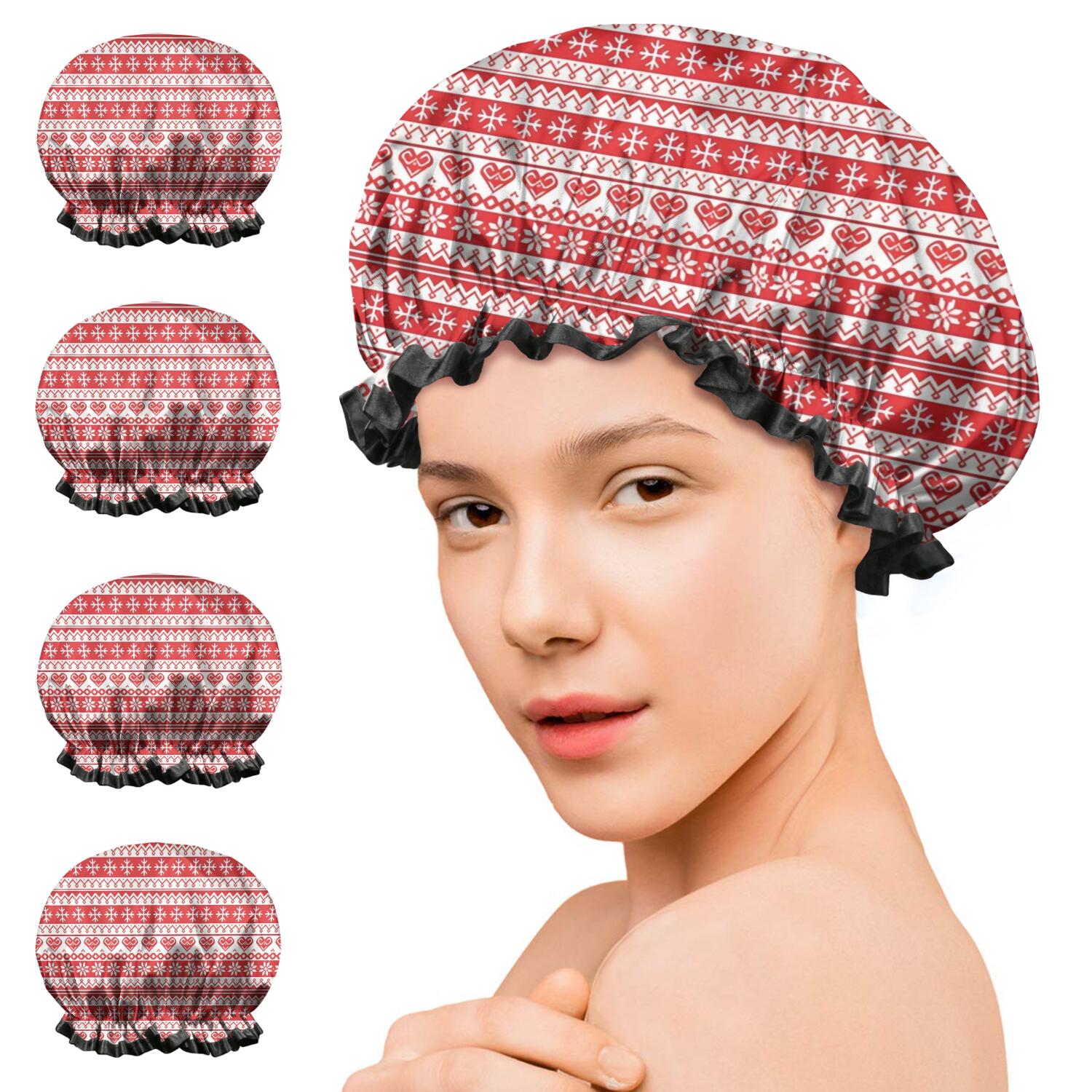 Shower Caps,Red and White Christmas Pattern Waterproof Shower Cap for Women 4 Pieces,Double Reusable Hair Cover for Shower PEVA Elastic Stretch Hem