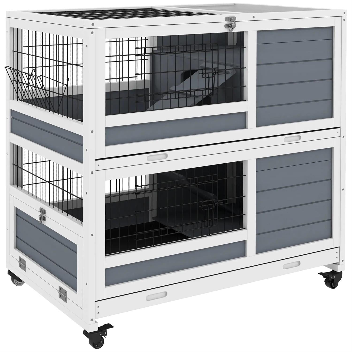 Pefilos 38" Outdoor Wooden Rabbit Hutch with Wheels, Trays and Feeding Trough, Outdoor Bunny Enclosure Guinea Pig Cage for Small Animals, Gray