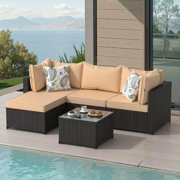 Phonjoroo 5PCS Patio Furniture Sets All Weather Outdoor Sectional Sofa Manual Weaving Wicker Rattan Outdoor Conversation Set with With Cushion And Glass Table, Khaki