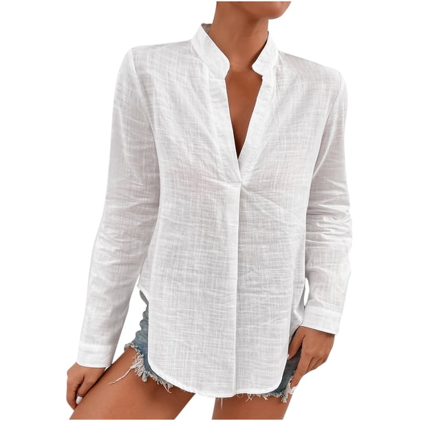Camisa informal de algodón y lino con cuello en V y color sólido para mujer Pompotops FGAJ13432