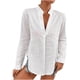 thumbnail image 1 of Camisa informal de algodón y lino con cuello en V y color sólido para mujer Pompotops  FGAJ13432, 1 of 9