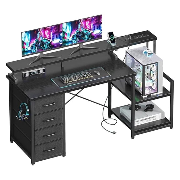 BNHHYYDS 55 Inch Gaming Computer Desk with Drawers & Power, Home Office Desk with Monitor Stand & Printer Shelf, Black