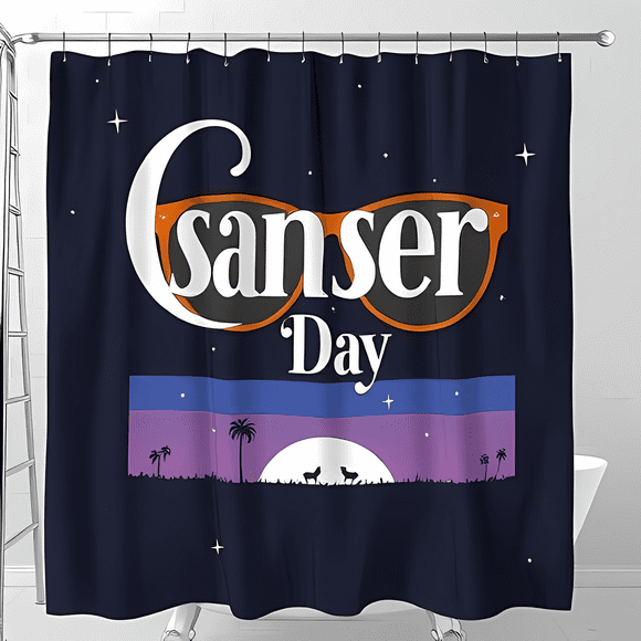 Navy Blue Retro Shower Curtain with Orange Sunglasses & Sunset Design - Beach Decor