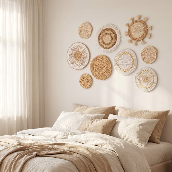 9Pcs Rustic Decor, Boho Woven Wall Baskets – Seagrass/Rattan/Wicker Hanging Decor for Farmhouse, Living Room, Kitchen, Bedroom