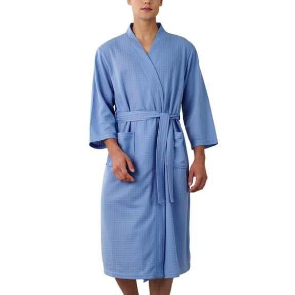 SWSMCLT Men's Summer Robe Waffle Knit Pajamas Soft House Medium Comfy Spring Thin Basic Fall 3/4 Sleeve Sleepwear Blue Large