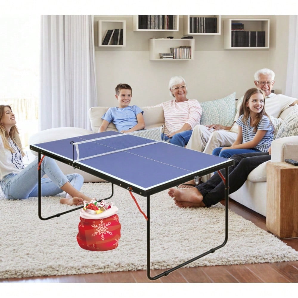 4ft Foldable Ping Pong Table Set, Compact Indoor Outdoor Table Tennis Table with Net, 2 Paddles & 3 Balls for Small Spaces, Apartments, Backyard, Thickened Aluminum Frame