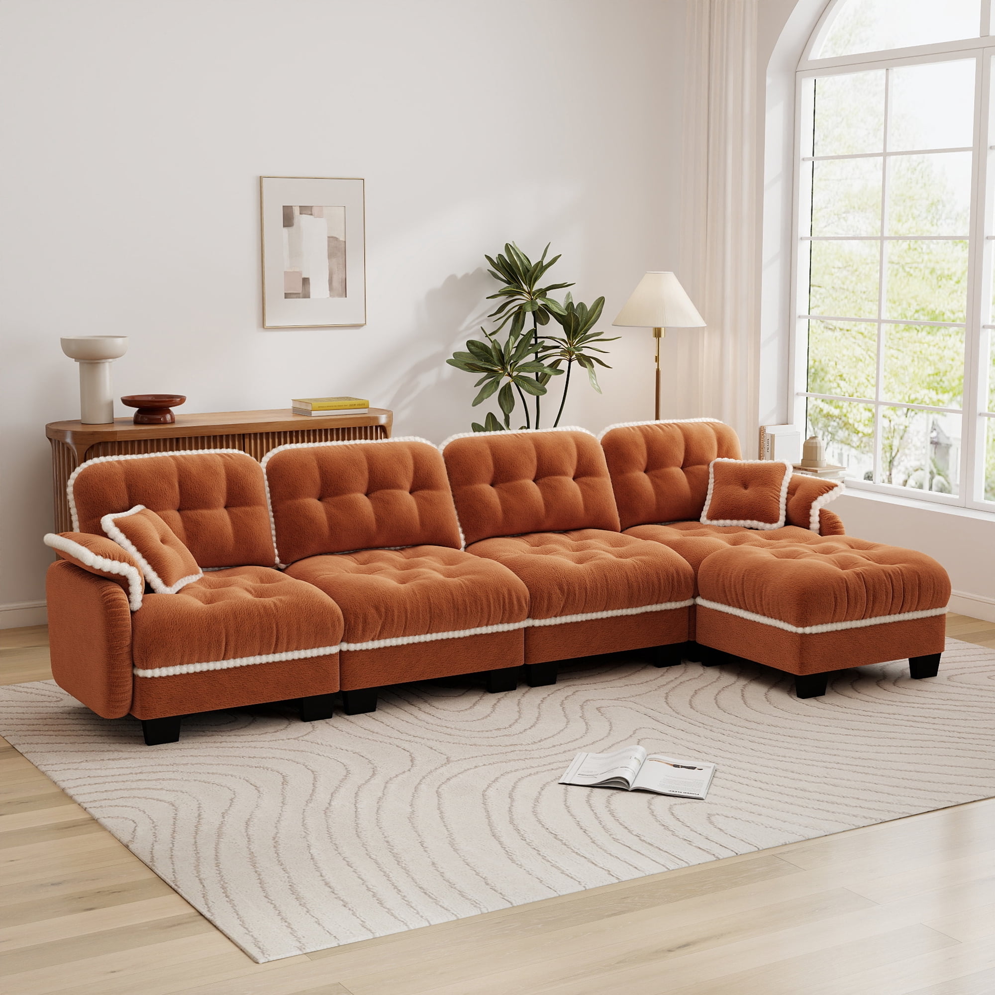 Aenkyo 131.5" Chenille Modular 4-Seater Sectional Sofa with Movable Ottoman, Orange