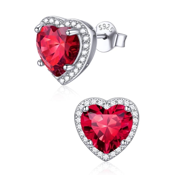 ChicSilver 925 Sterling Silver Earrings for Women, July Ruby 8MM/2 Carat Heart Birthstone Stud Earrings, Birthday Anniversary Gift for Her