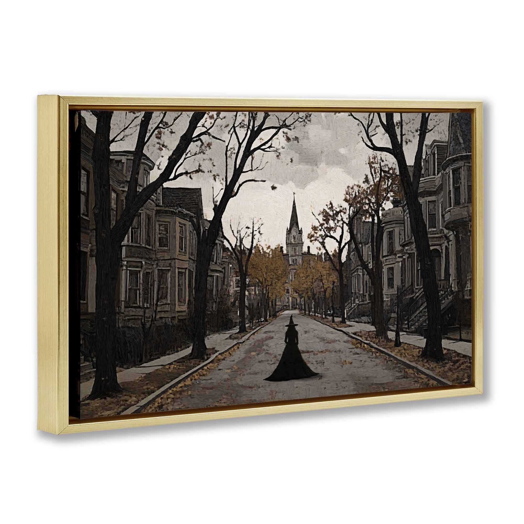 Stupell Industries Witch Strolling Town Streets Gold Framed Floater Canvas Wall Art, design by Jacky Ngan