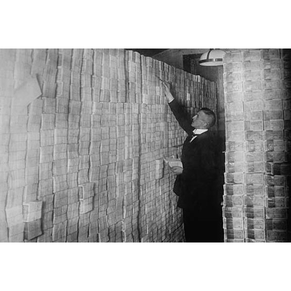 Inflation in Weimar Germany has paper money stacked from Floor to Ceiling in a Berlin Bank-Fine art canvas print (20" x 30")