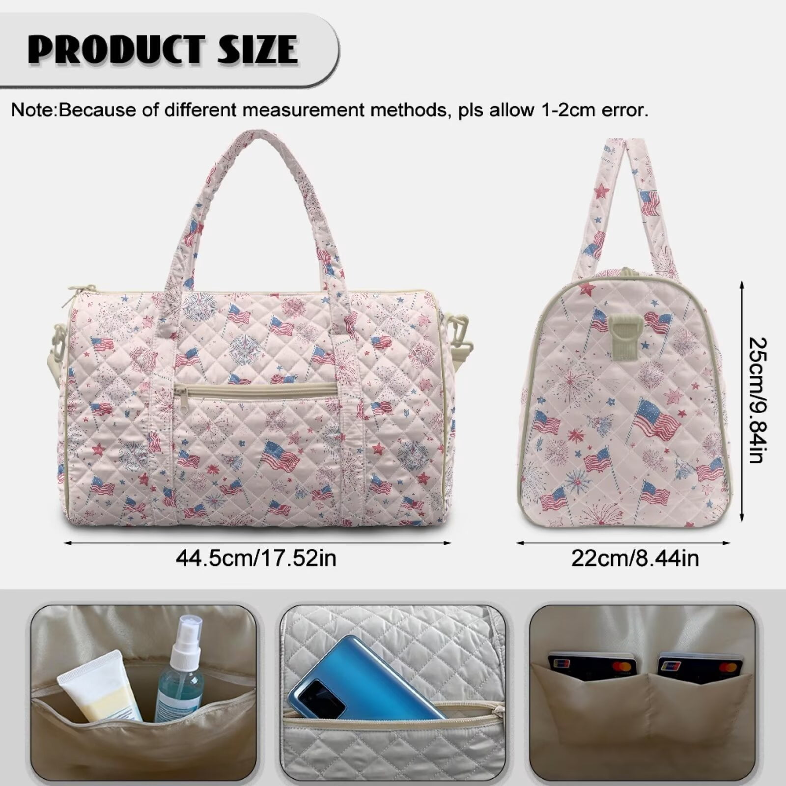 Xixirimido American Flags Firework Pink Print Women Quilted Travel Duffle Bag Duffel Overnight Bags Large Carry on Tote Bag Weekender Traveling Yoga Gym Hospital Bag