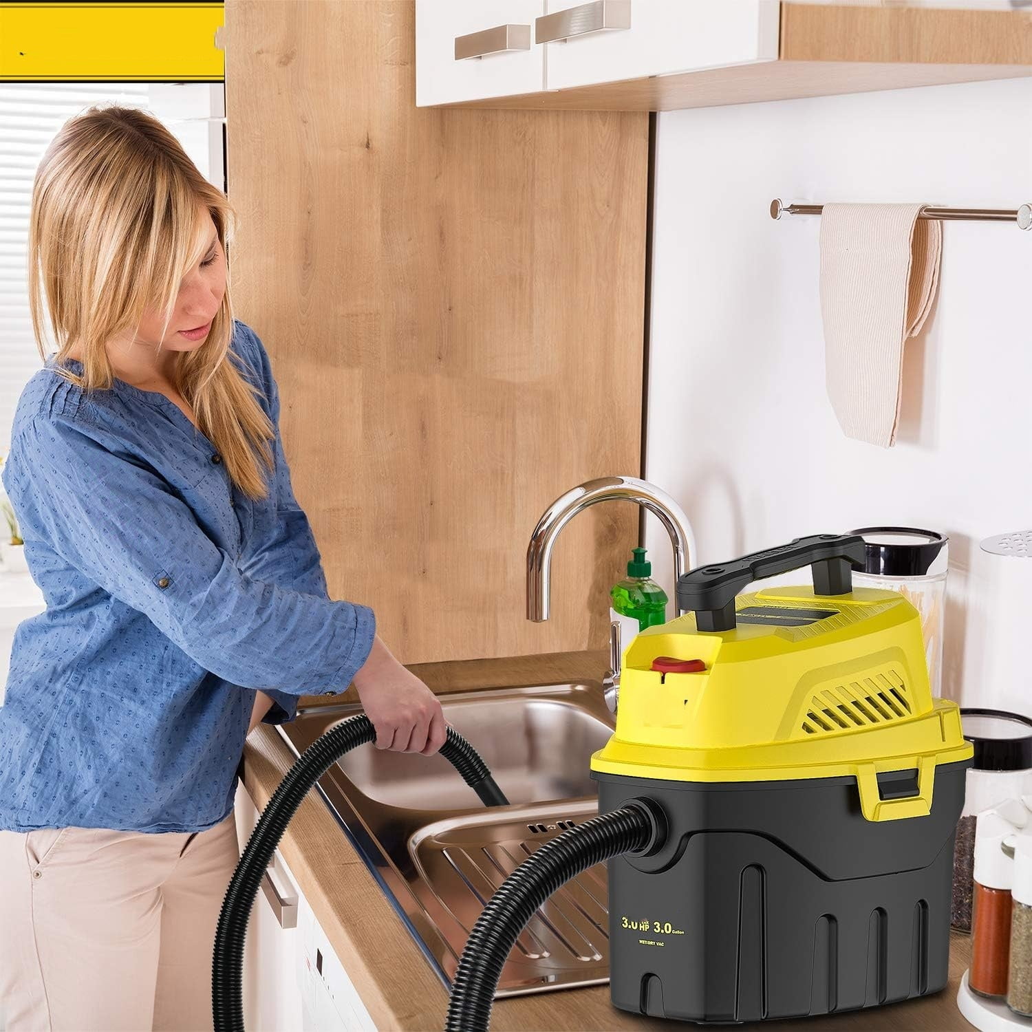 3 Gallon Wet Dry Vacuum, 3 Peak HP Poly 2 in 1 Shop Vac with Powerful Suction, Portable Shop Vacuum Car Vacuum W/ 3 Horsepower Motor for Auto Detailing, Tight Space Garage,Van,Vehicle