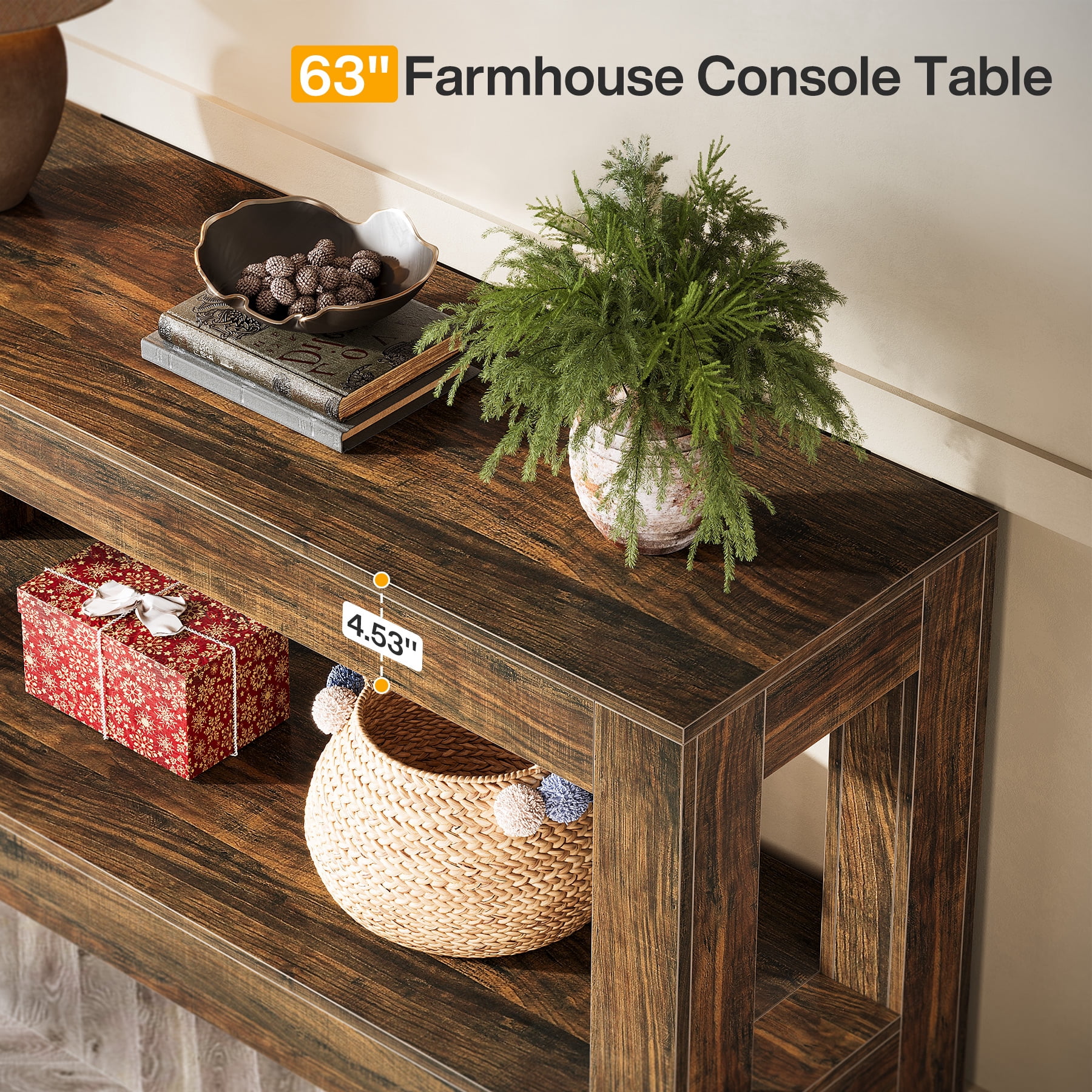 Finmind 62.99'' Wood Console Table: 2-Tier Entryway Sofa Table, Stylish Farmhouse Design with Plenty of Storage Space