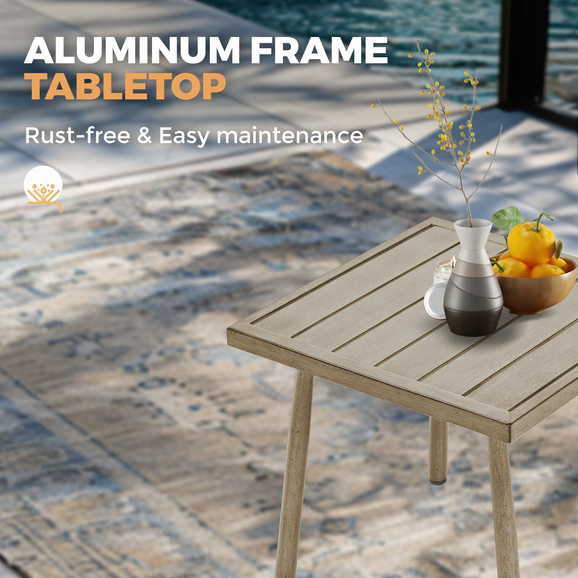 Outdoor Side Table Aluminum Patio End Table Metal Square Small Table Waterproof Rustproof for Balcony Deck Backyard Poolside, Dark Brown